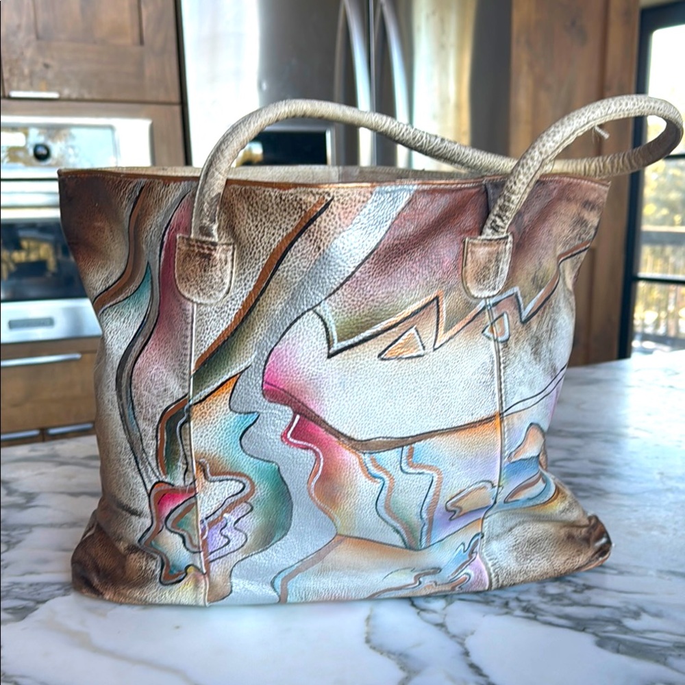 80’s RARE RETRO Leather Hand Painted Tote Shoulder Bag - Picture 3 of 17